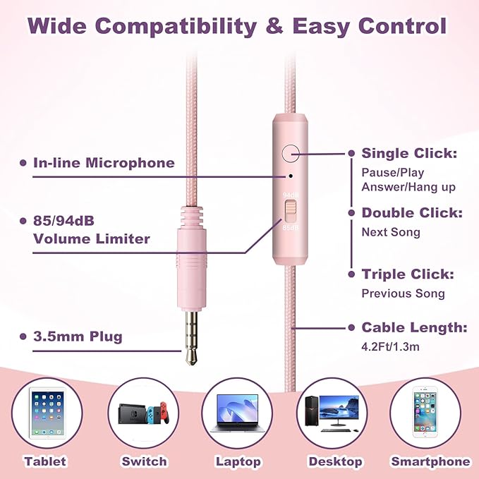 Kids Headphones with Cord & Mic for School Class Airplane Travel, 85/94dB Volume Limit Over Ear Earphones for Boys Girls Teens, Wired Foldable Headset for iPad Tablet Kindle Laptop PC Pink