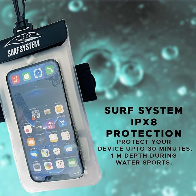 SURF SYTSTEM Floating Waterproof Pouch, w/Neoprene Armband + Audio Jack for Smartphone + Screen Touch Functionality - Drybag Case, iPhone, Android for Surfing, Bodyboarding, Fishing, Boating, Kayaking