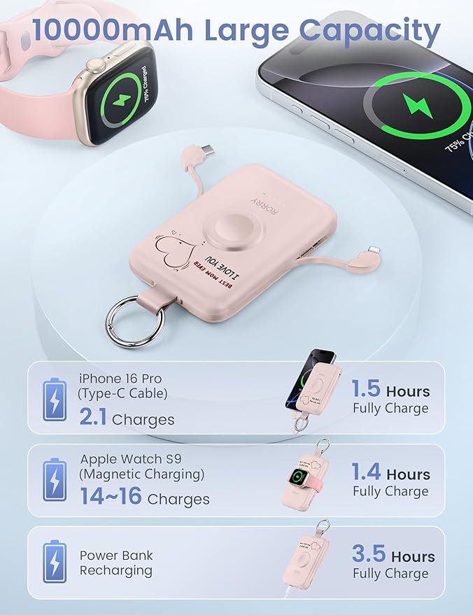 RORRY Portable Charger, 10000mAh PD 20W Fast Charging Portable Charger Power Bank with Built in Cables, Travel Battery Pack for iPhone 17/16/15/14/13/12 and Apple Watch Ultra/11/10/9/8/7/6/5, Mom-Pink
