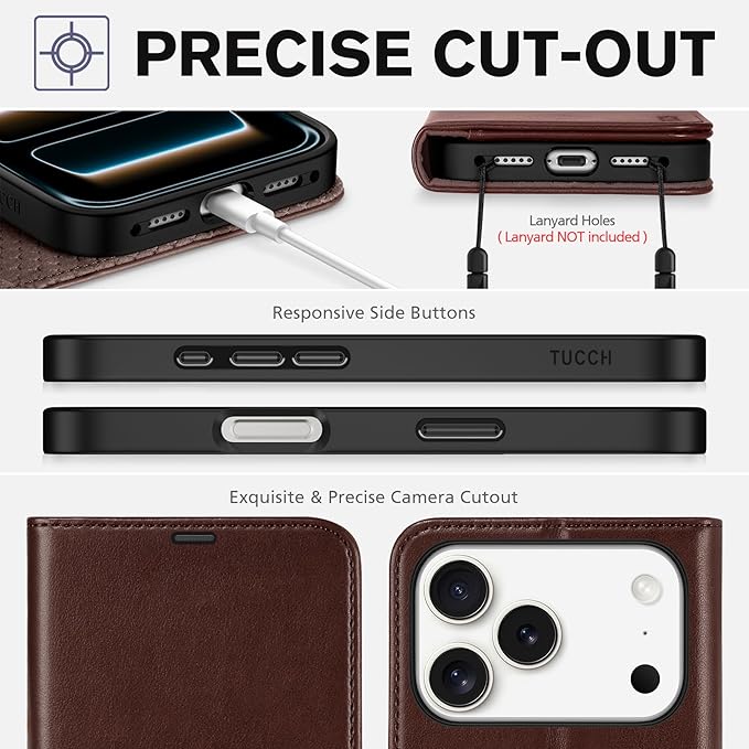 TUCCH Wallet Case for iPhone 17 Pro (6.3-Inch) 2025, 4 Card Holders, RFID Blocking, Stand, Shockproof TPU Shell, PU Leather, Magnetic Closure, Protective Flip Folio Cover, Chocolate Brown