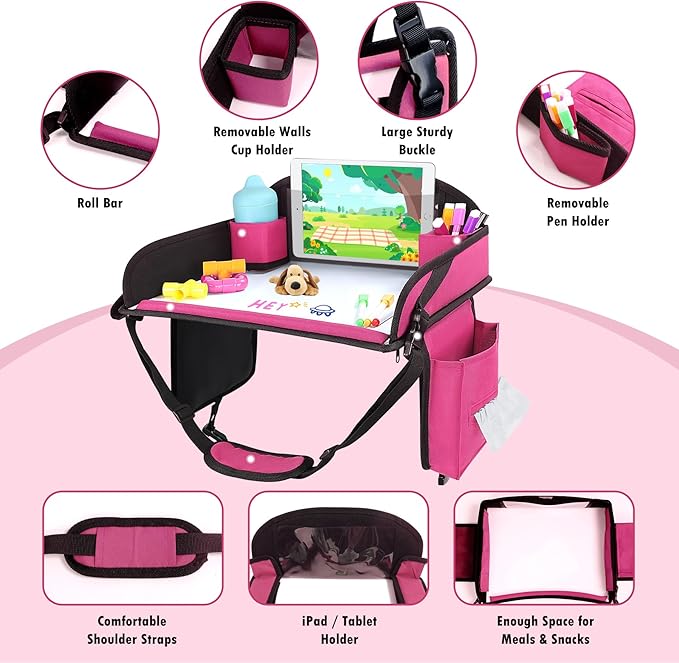 WENRENER Kids Travel Tray for Airplane - Toddler Car Seat Table Tray, Road Trip Essentials for Boys & Girls, Carseat Lap Desk for Kids Road Trip Activities (Pink)
