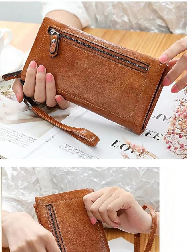 Vyrnox Genuine Leather Women's Long Vintage Zipper Money Clip Clutch Bag with RFID Blocking Coin Purse for Women Including Gift Box (Green)