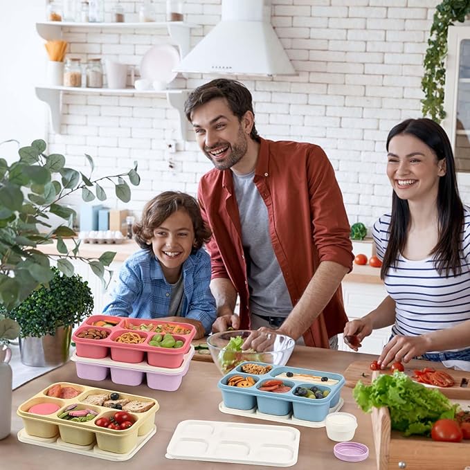 Caperci Large Bento Lunch Boxes for Adults & Kids - 5 Compartment Lunchable Snack Box Containers, Built-in 4 Leak-Proof Dipping Sauce Cups, Reusable Food Storage Containers, 4-Pack (Vintage Colors)