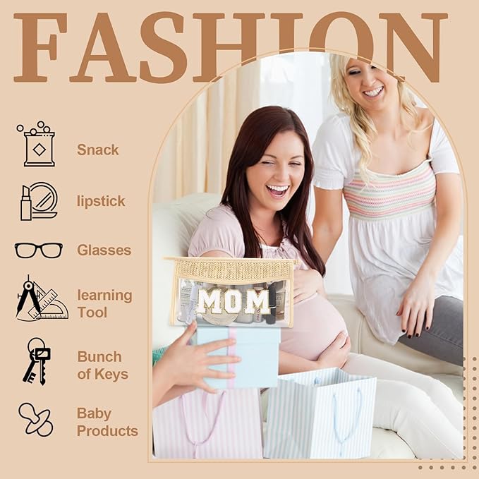 Small Boho Straw Clear Mom Makeup Bags for Women&Girls, Zipper Cosmetic Bag Chenille Varsity Letter Patch Bag, Preppy Cute Toiletry Pouch, Trendy Organizer Storage Bag for Beach Travel Essentials