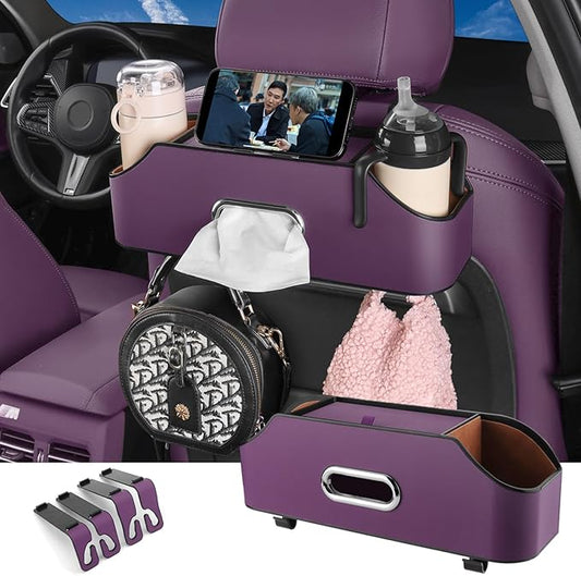 HOLDCY Car Back Seat Organizer with 2 Drink Cup Holder - Tissue Box and Storage Box Hook - Multi-functional Storage - Great for Kids and Travel (Purple)