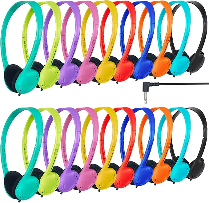 30 Pack Class Set Headphones for Students School Classroom Headphones Bulk Over The Ear Adjustable with 3.5 mm Jack for Library, Online Lesson and Testing Office,Gifts (10 Mixed Colors)