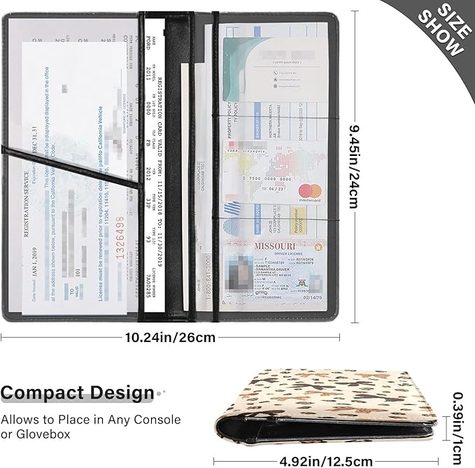 Leopard Bow Car Registration and Insurance Holder Leather Vehicle Document Glove Box Organizer for License Cards Accessories