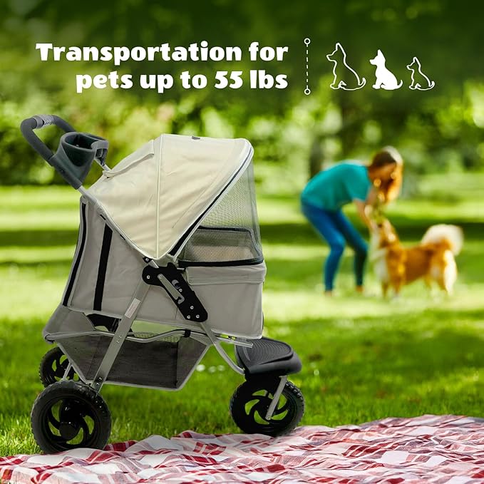 Critter Sitters 4-Wheel Dog Stroller for Medium or Large Sized Dogs & Cats with Scratch Resistant Breathable Mesh Windows and Safety Leash, Storage Basket, Cup Holders, Lockable Wheels, Light Grey