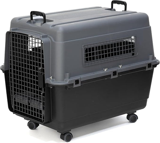 SportPet Airline Approved Wire Door Travel Dog Crate, Durable Plastic Pet Travel Kennel with Removable Wheels,Collapsible, Food Bowls & Accessories, Fits Dogs up to 29" L & 20" H - Large - Gray/Black