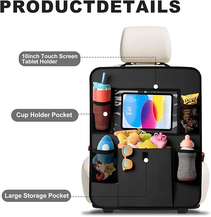 Car Backseat Organizer with Tablet Holder, 6 Storage Pockets Seat Back Protectors Kick Mats for Kids, Car Seat Protector for Road Trips 2 Pack (Black)