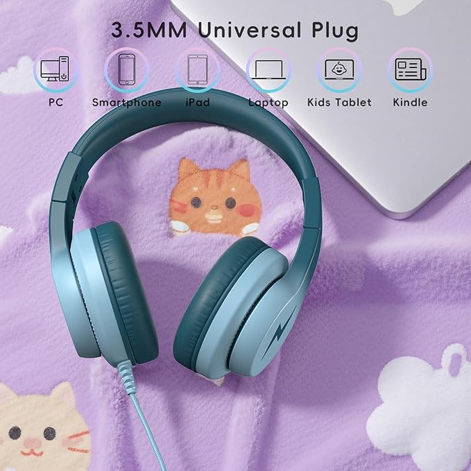Kids Headphones, Wired Headphones for Kids Over Ear with Microphone, 85/94dB Volume Limiter Headphone for Girls Boys, Foldable Headphone for Learning & Entertainment, Gradient Green