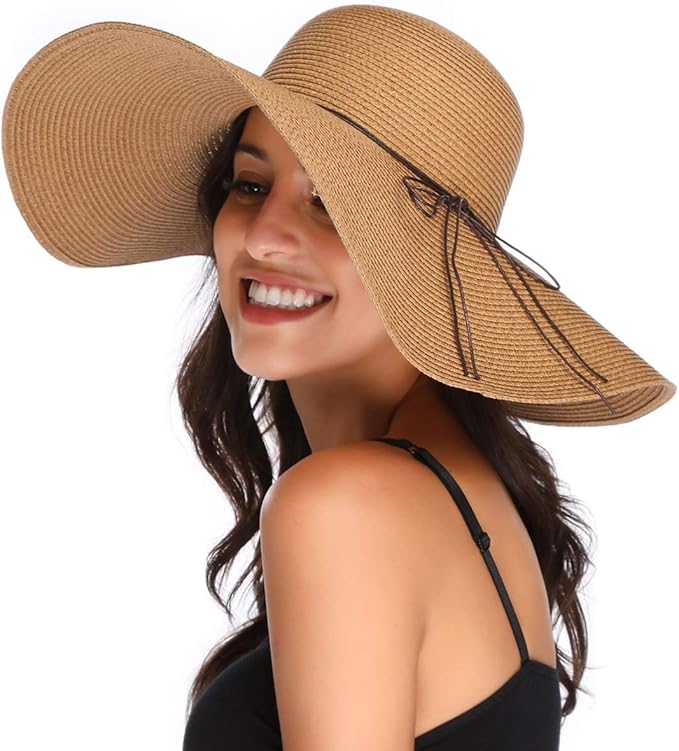 Lanzom Womens Wide Brim Straw Hat Big Floppy Foldable Roll up Cap Beach Sun Hat UPF 50+