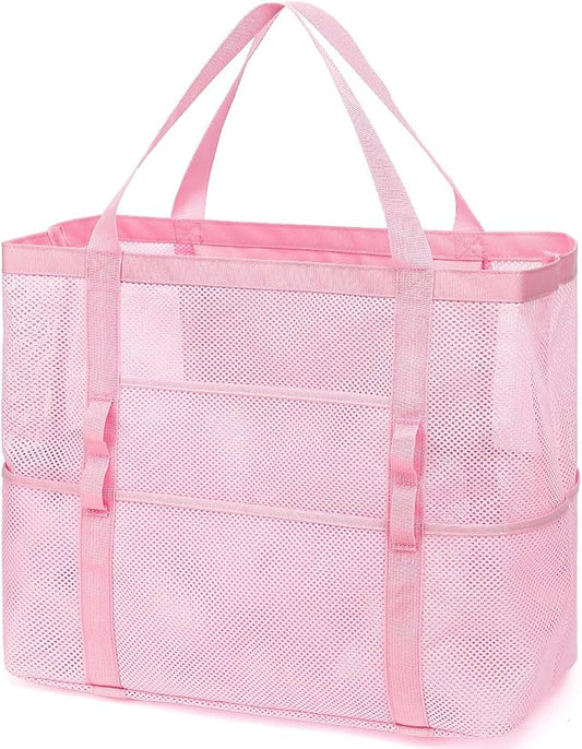 Mesh Beach Bag, Large Beach Tote with Zipper Pocket for Family Pool Bag for Toys & Vacation Essentials