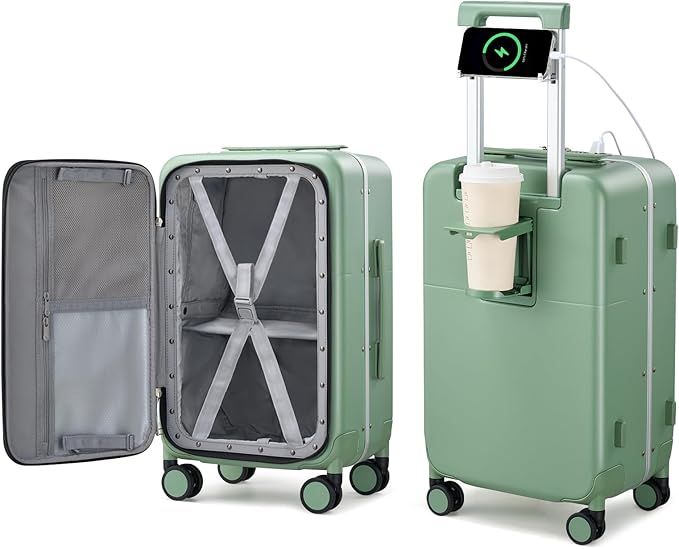 Hanke 20 Inch Carry On Luggage with Cup Holder and Charge,Top Opening Hard Shell Suitcases with Wheels and Dividers,Aluminum Frame Trunk Luggage Small Suitcase with Lock for Travel,Forest Green