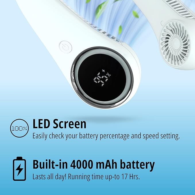 Portable Neck Fan – Hands Free Quiet 20dB Cooling Neck Fan, 17-Hour 4000mAh Battery, 3 Speeds, Wearable Fan for Neck Fans that Blow Cold Air, Personal Fans Portable Rechargeable (White)