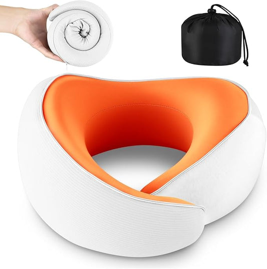 Adjustable Memory Foam White U-Shaped Travel Pillow with Luxurious Knitted Cotton Cover, Slow-Rebound Design for Airplane Travel and Neck Comfort, Perfect Traveler Gift