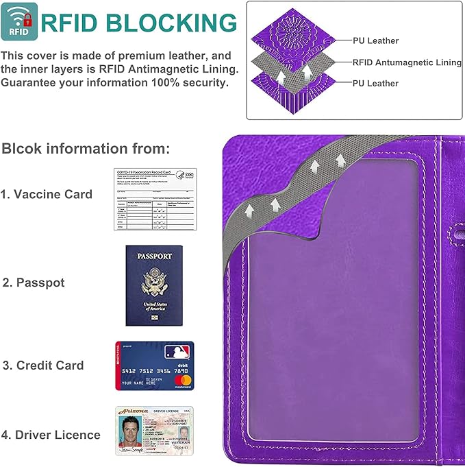 RSAquar Unisex Faux Leather Passport and Vaccine Card Holder Combo, Purple, Slim and Lightweight with RFID Blocking Technology