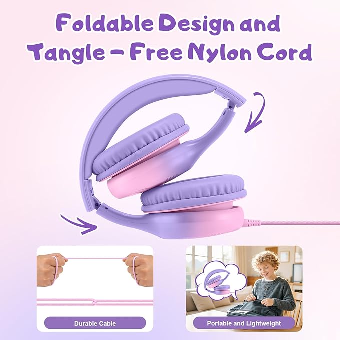 Kids Headphones, Wired Headphones for Kids with Microphone 85/94dB Volume Limit, Stereo Sound Portable Over Ear Headphones for School/Travel/Tablet/iPad, Violet Pink