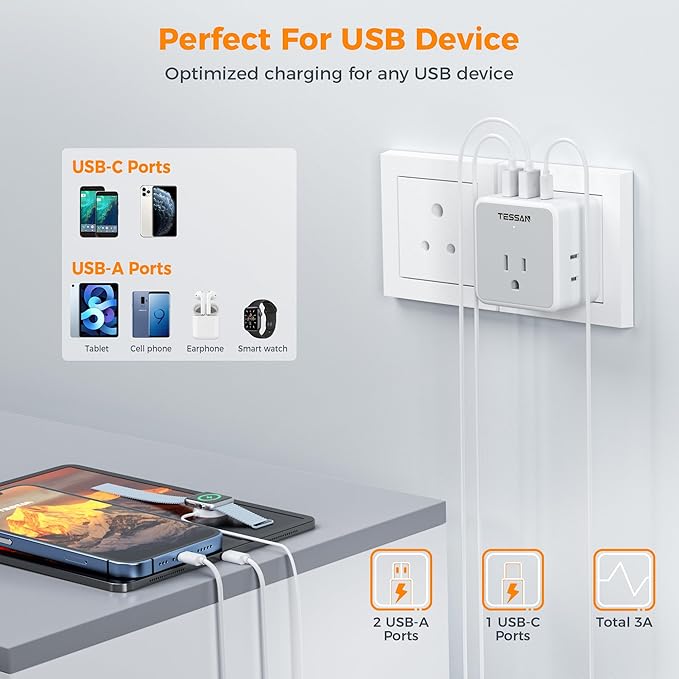 TESSAN All European UK Travel Plug Adapter Kit, International Detachable with 3 Outlet 3 USB(1 USB C), Type C/G/E/F/M EU Power Adaptor, US to Europe Greece Italy South Africa Spain Ireland