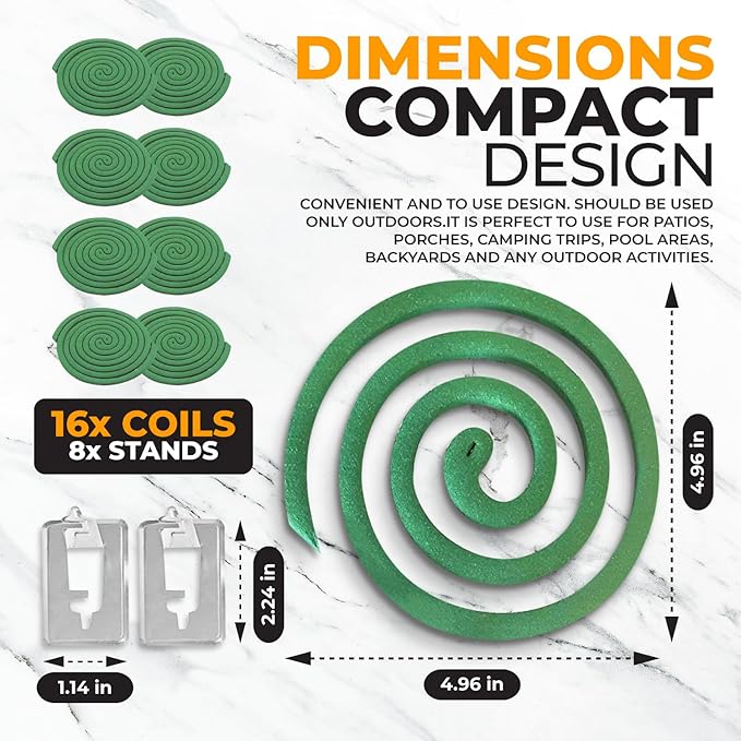 Mosquito Repellent Coils - Outdoor Use Reaches Up to 10 feet - Each Coil Burns for 5-7 Hours (16 coils & 8 Coil Stands)