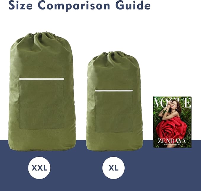 Canvas Laundry bag, Washable Laundry backpack, Adjustable Straps, Large Front Pocket, Drawstring Closure (ARMY GREEN, XX-Large)
