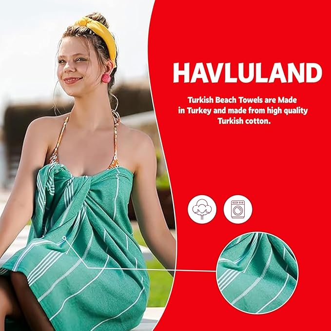 HAVLULAND Turkish Beach Towels Oversized -100% Turkish Cotton Super Soft Lightweight - Absorbent and Quick Drying Bath Towel - Sand Free Beach Towel - Turkish Towels for Adults (Turquoise, 12 Pack)