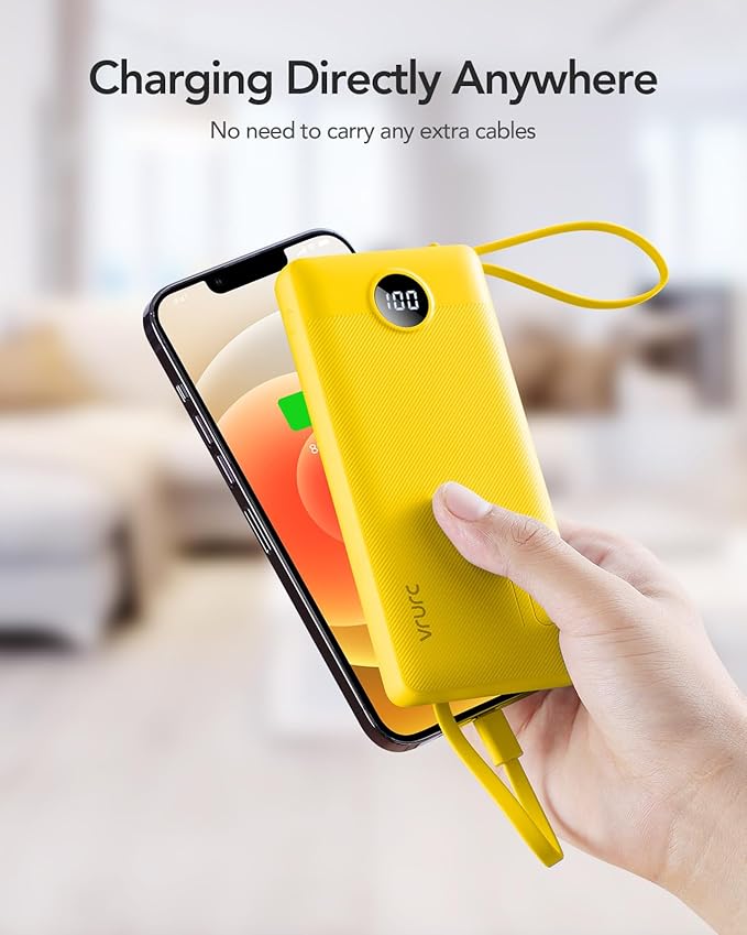 VRURC Portable Charger with Built-in Cables, 10000mAh LED Display USB C Power Bank, Slim Travel Battery Pack with 5 Output 2 Input Compatible with iPhone,Samsung,Android etc-Yellow(1 Pack)
