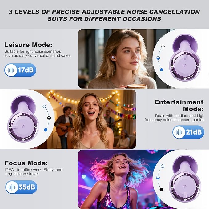 Adjustable Noise Cancelling Earplugs - 3 Modes Noise Reduction Ear Plugs (17-35dB) for Sleeping, Snoring, Travel & Concerts | 7 Pairs Silicone Tips (XS/S/M/L) | Magnetic Carry Case | Purple