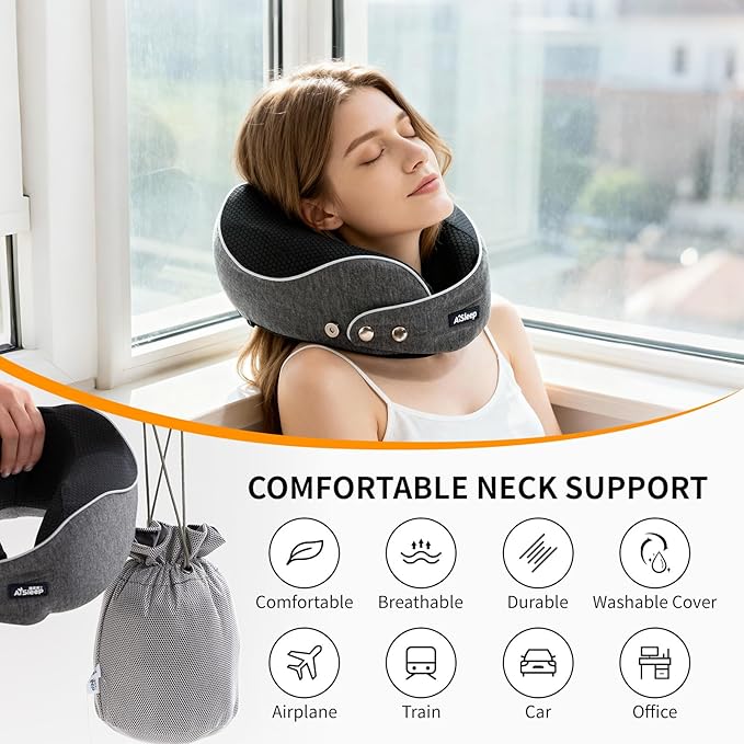 Travel Pillow, Memory Foam Neck Pillow Airplane, Travel Pillows for Airplanes, 360º Ergonomic Design Travel Neck Pillow for Travel, Car Rides, and Home, Ideal for Adults and Kids