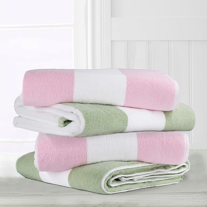 CLOWOOD Plush Oversized Beach Towel - Cotton 40 x 70 Inch Large Thick Pink Striped Cabana Pool Swimming Towel