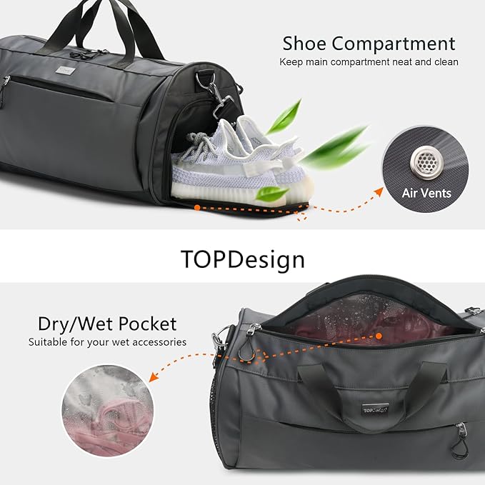 TOPDesign Gym Bag for Women & Men, Unisex Duffel Bag with Shoe Compartment & Wet Pocket for Travel Sports Gym (L Grey)
