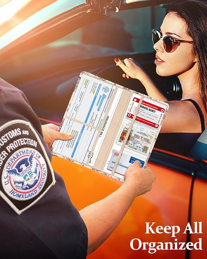 Slohif Car Registration and Insurance Holder - Vintage Vehicle Glove Box Organizer Women with Magnetic Shut Leather Automobile License Holders Coasters Auto Accessories Case for Document