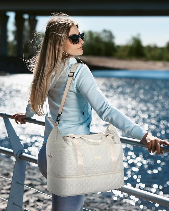 50L Large Travel Duffel Bag with Shoe Compartment & Toiletry Bag for Women, Overnight Bags with Wet Pocket,White