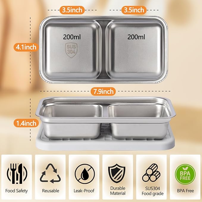 PTYTIFY 4 Pack Stainless Steel Snack Containers with Lids, 2 Compartment Snack Containers, Reusable Food Containers for Home, Travel, Outdoor