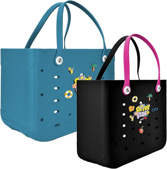 2-Piece Tote Bag Set, Waterproof Rubber Beach Bag with Summer Pattern, Medium & Large Handbag for Pool, Beach, Boat