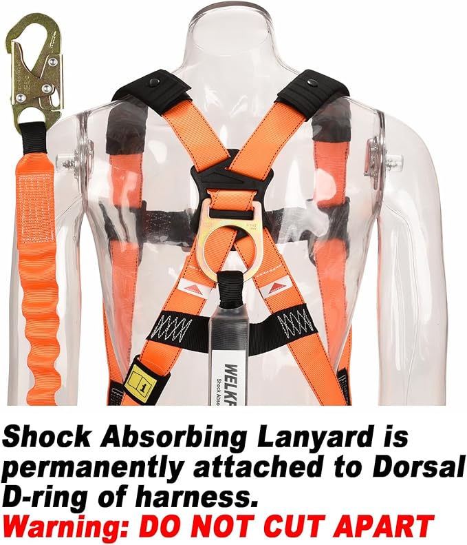 WELKFORDER 1D-Ring Industrial Fall Protection Safety Harness with 6-Foot Shock Absorber Stretchable Lanyard | Permanent attached Kit | ANSI Compliant Personal Fall Arrest System(PFAS)