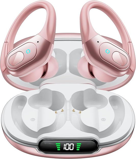 occiam Active Noise Cancelling Ear Buds Bluetooth Headphones Wireless Earbuds 90Hrs Playback Stereo Bass Earphones with Over-Ear Hooks IPX7 Waterproof Earbud for Sports Running Gym Workout Rose Gold