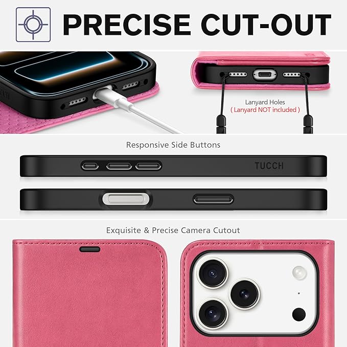 TUCCH Wallet Case for iPhone 17 Pro (6.3") 2025, 4 Card Slots | RFID Blocking | Stand | Shockproof TPU Shell | PU Leather | Magnetic Closure | Protective Flip Folio Cover | Hot Pink