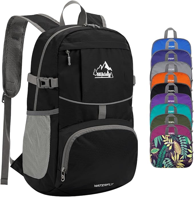 WATERFLY Hiking Packable Daypack Backpack: 25L Ultra Lightweight Day Pack for Woman Man - Small Compact Folding Back Pack for Outdoor Sport Cycling Camping Travel Trip - Black