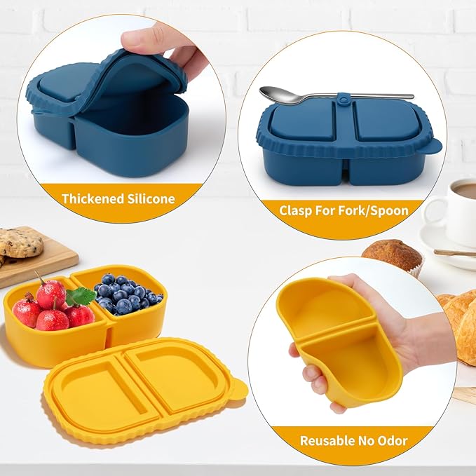 AKGGBOOOM 4 Pack 8.5oz 2-Compartment Snack Containers, Kids Snack Container with Leakproof Lids, Small Silicone Bento Box & Fruit Containers for Lunchbox, School, Travel, and Meal Prep