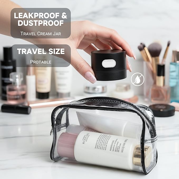 Travel Size Containers, 1OZ Small Plastic Containers with Lids, Travel Container for Creams, Lotion, Toiletries, Makeup (4PCS Black Plastic Jars)