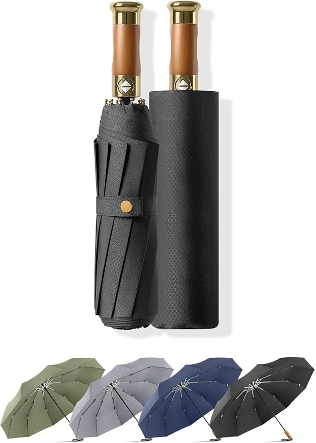 Rain Cats Large Umbrella 45 Inch diameter Umbrellas for rain Strong10 Ribs Fiberglass Windproof big Compact Automatic portable Folding Travel/Thick Fabric/Wood handle