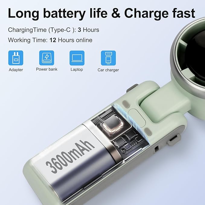 Portable Handheld Turbo Fan, 3600mAh Battery Operated Fan with LED Display, Mini Portable Fans, 180°Adjustable, 5 Speeds, Handheld/Neck/Desk 3 in 1 Personal Hand Fans for Indoor Outdoor