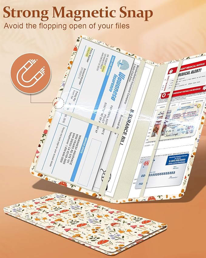 Slohif Car Registration and Insurance Holder - Mushroom Vehicle Glove Box Organizer Women with Magnetic Shut Leather Automobile License Holders Coasters Auto Accessories Case for Document