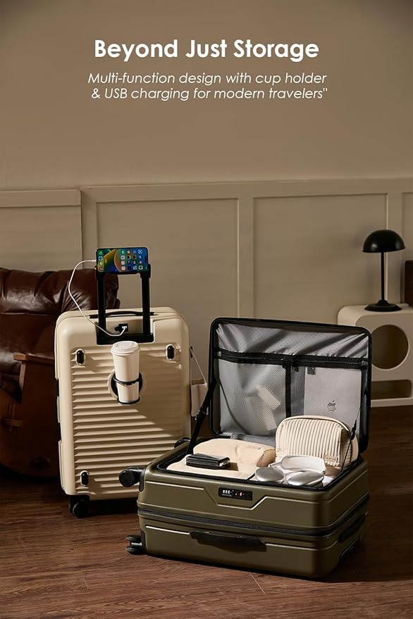HotWay 24 Inch Expandable Front Opening Checked Luggage with Cup Phone Holder and USB Port, Lightweight Hardshell Suitcase with Wheels and TSA Aproved Locks