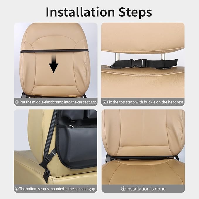 Car Seat Organizers Waterproof Backseat Protector with Storage Pocket Large Leather Kick Mats for Kids Pets Automobile SUV Truck (Black, Large Pocket)