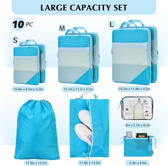 Lightweight Compression Packing Cubes for Suitcases, Compressible Expandable Travel Packing Organizer with Clear Toiletries and Backpack Bag, Travel Essentials for Carry on Luggage 7 Set