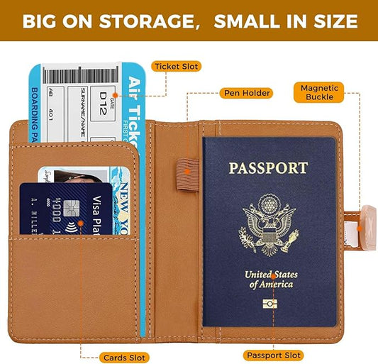 Melsbrinna Premium Leather Passport Holder Covers Case, Waterproof Rfid Blocking Travel Wallet Passport Holder with Pen Holder, Cute Passport Book for Women/Men