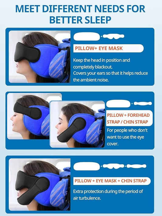 Airplane Pillow, Travel Pillows for Airplanes with Sleep Eye Mask, 360° Airplane Pillow for Long Flights, Car Road Trip, Car Headrest, Stop Bobblehead, Combo with Chin Strap,2-Pack Black