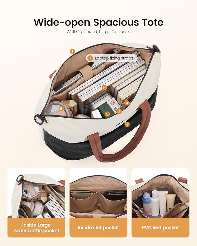 LOVEVOOK Quilted Duffle Bag for Travel,48L Gym Bag for Women with Wet Pocket,Water Resistant Weekender Overnight Bag Tote Bag for Women with Laptop Compartment(Black White Brown)